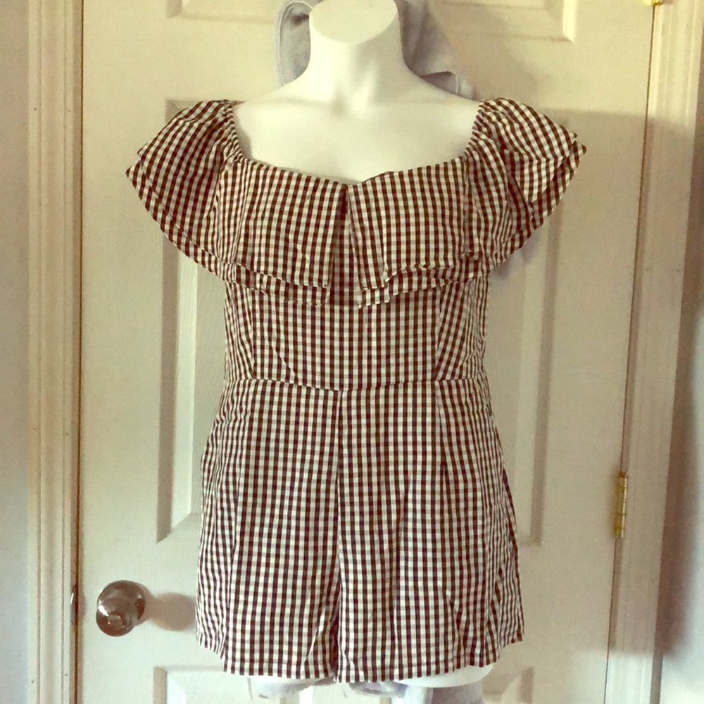 Kittenish Black and White Gingham Off-Shoulder Romper